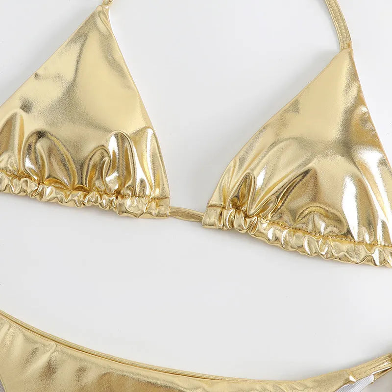 Women's lace-up bikini swimsuit in metallic gold colour with adjustable ties