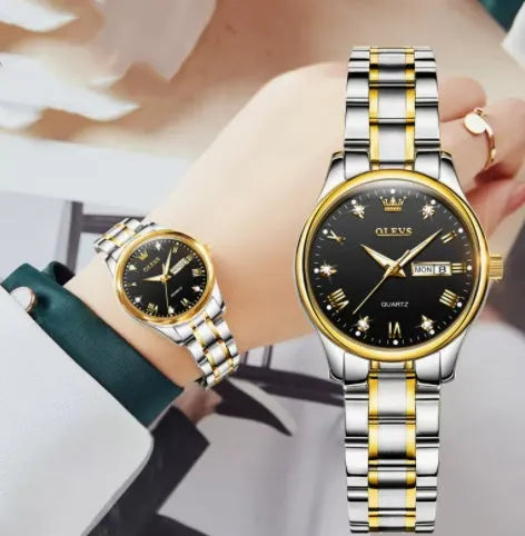 Women's quartz watch with round 29mm dial, fine steel case and band, calendar week display, gold and black colour