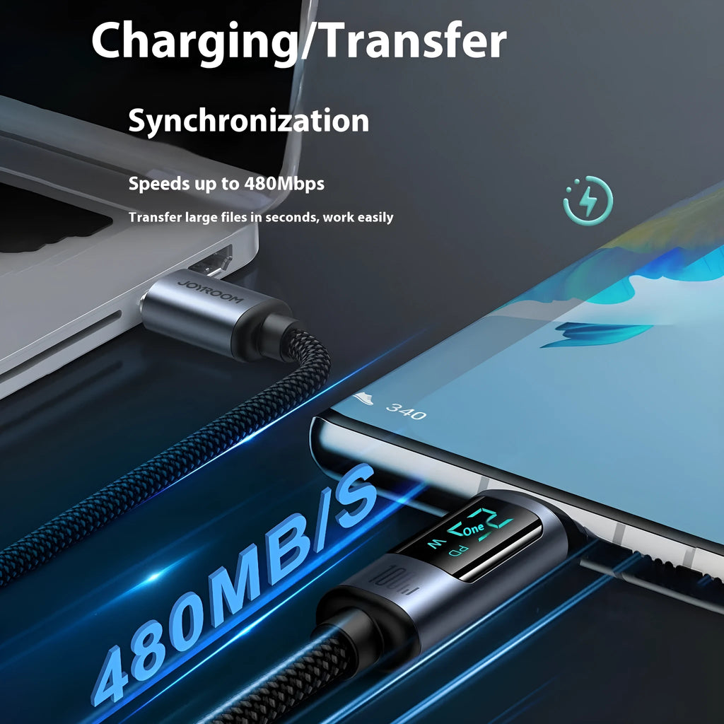 Black PD20 66W fast charge data cable with braided nylon exterior and digital display showing charging status