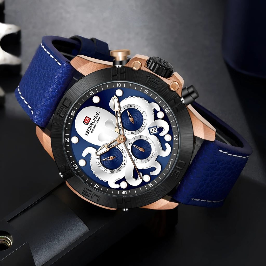 Men's octopus design waterproof luminous quartz watch on wrist in black or blue.