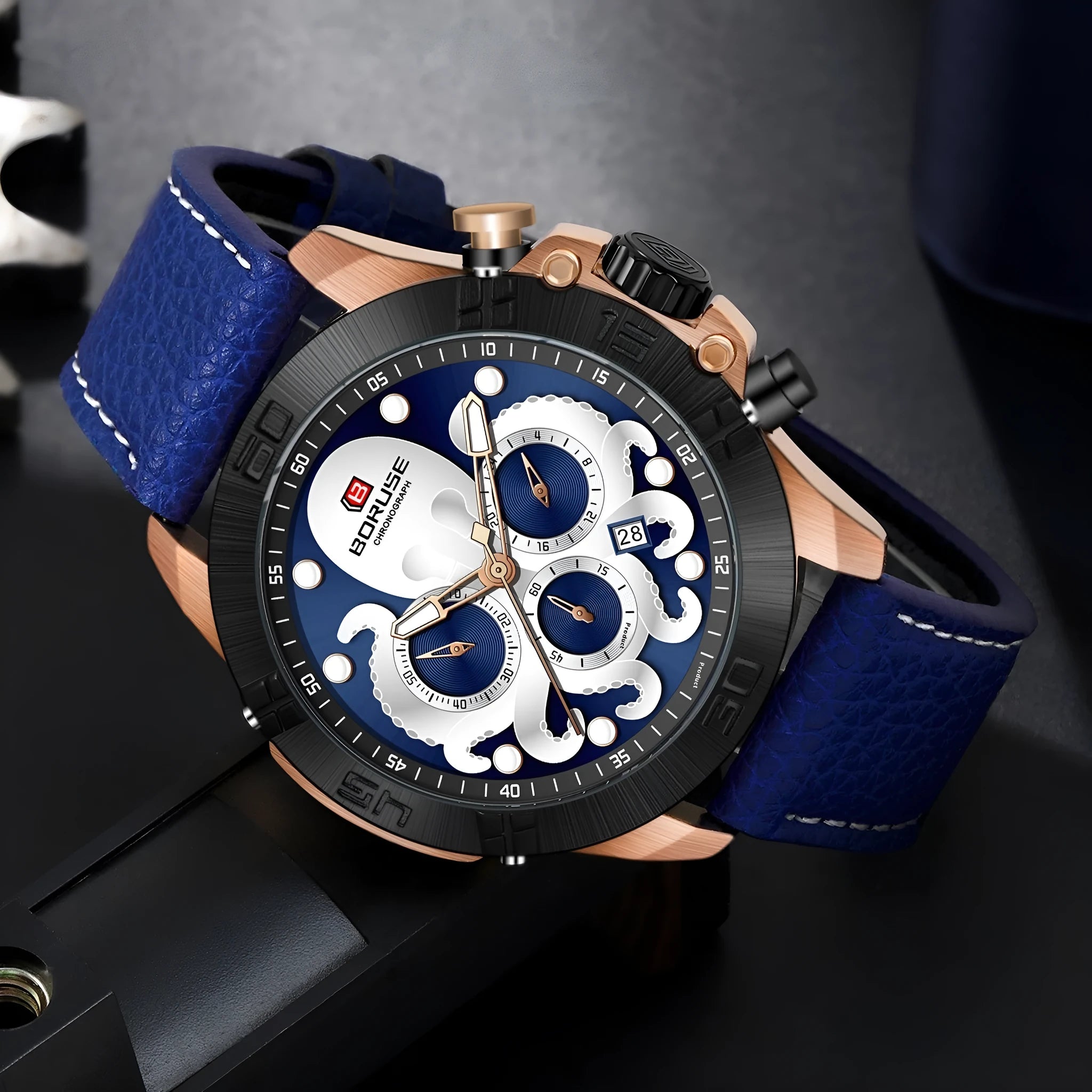 Men's octopus design waterproof luminous quartz watch on wrist in black or blue.