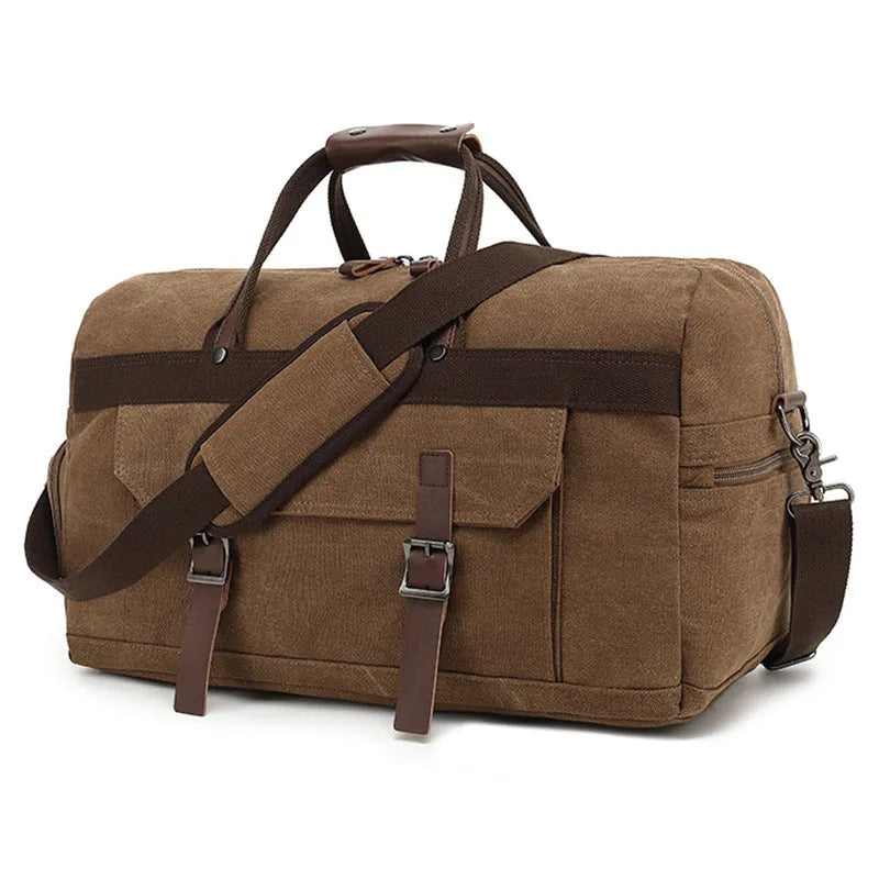 Large capacity canvas crossbody travel bag in European American retro style with sewing line details
