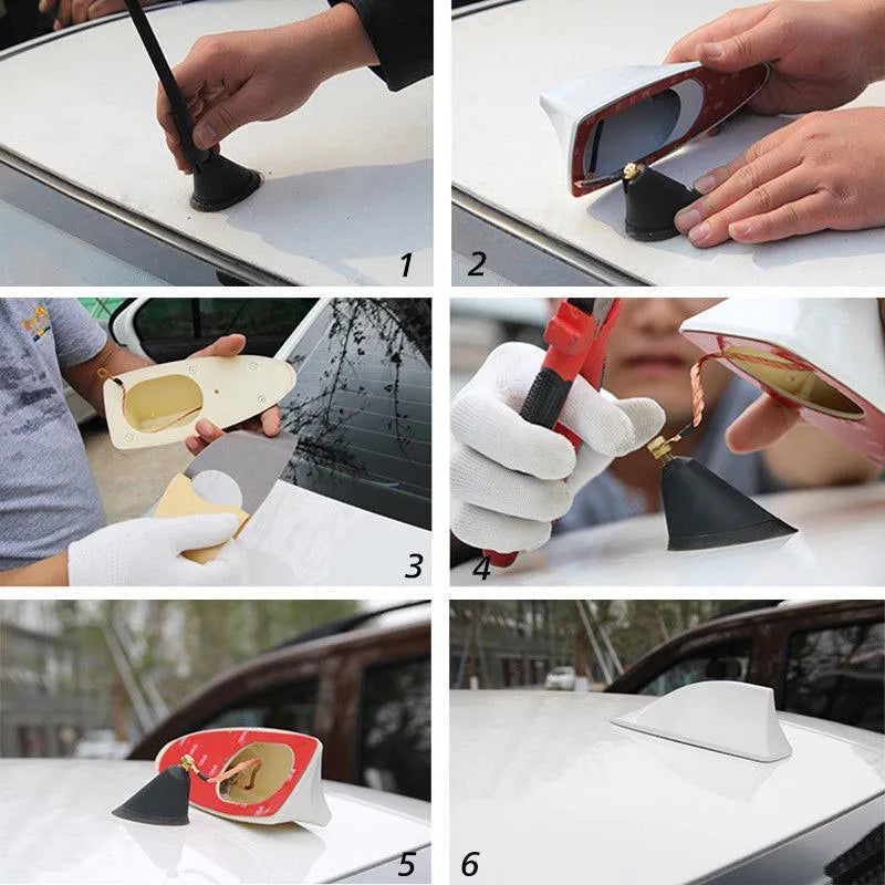 Black ABS car shark fin antenna with adhesive base for stick-on installation on a white car roof