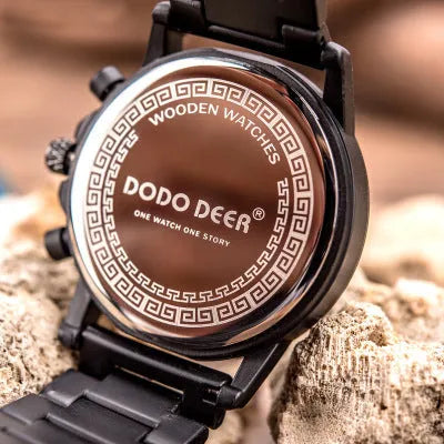 Custom engrave logo wood watch for men with natural solid wood case and stainless steel strap on brown background