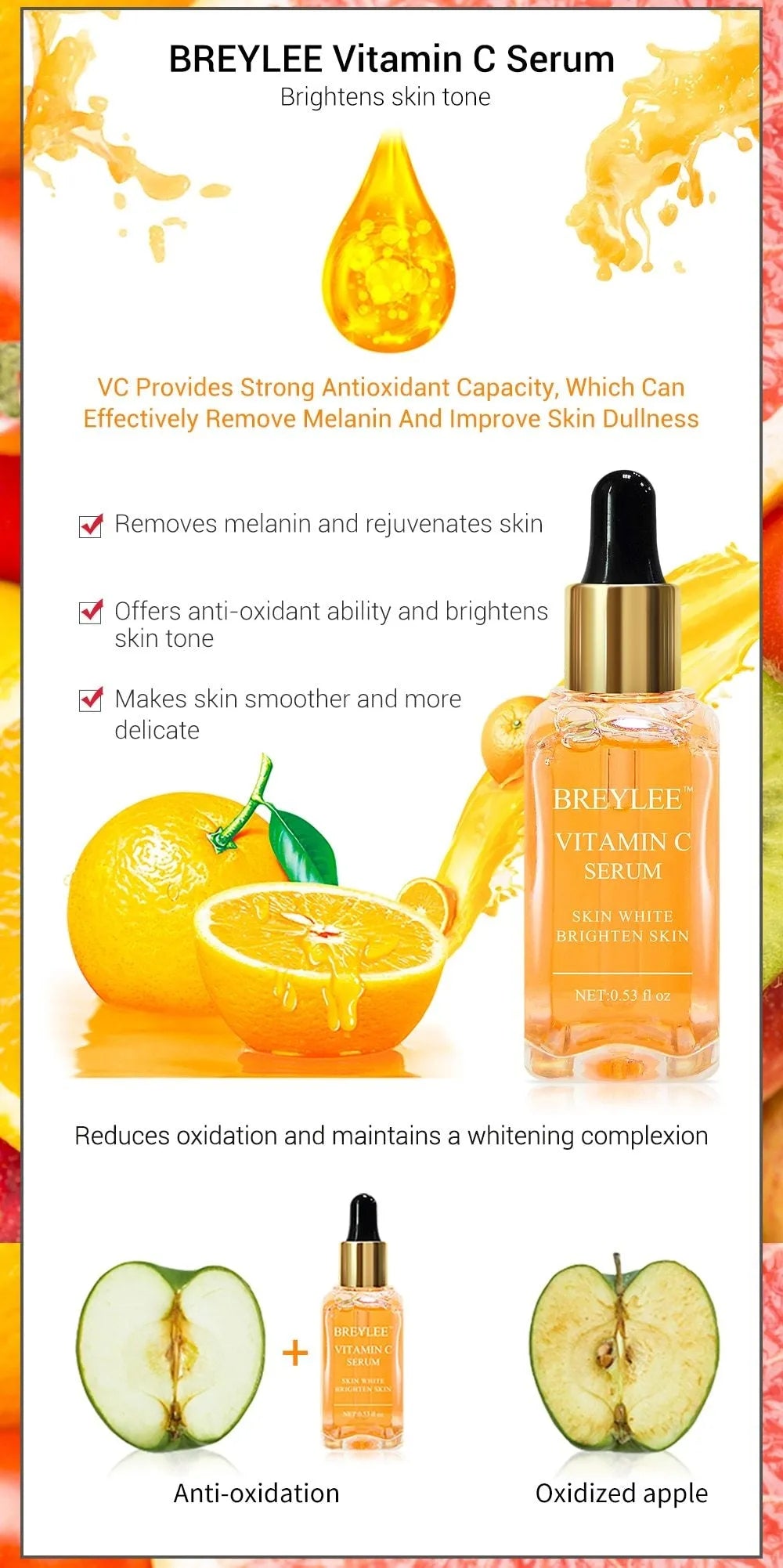 Vitamin C whitening face serum in 15ml bottle with purple or red packaging for brightening skin and fading dark spots