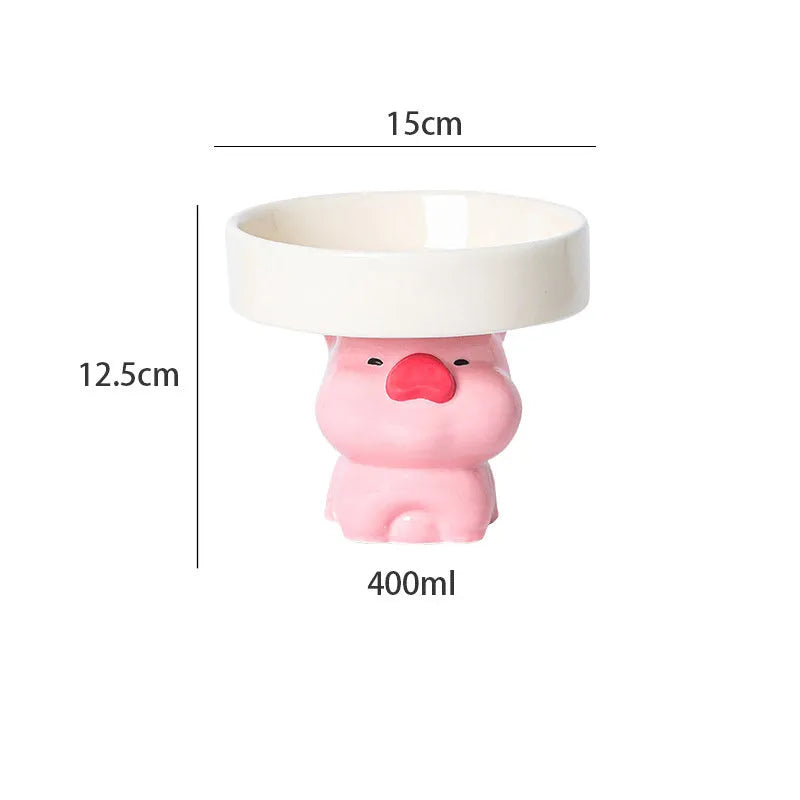 Raised ceramic cat bowl with animal design on 12.5cm elevated base