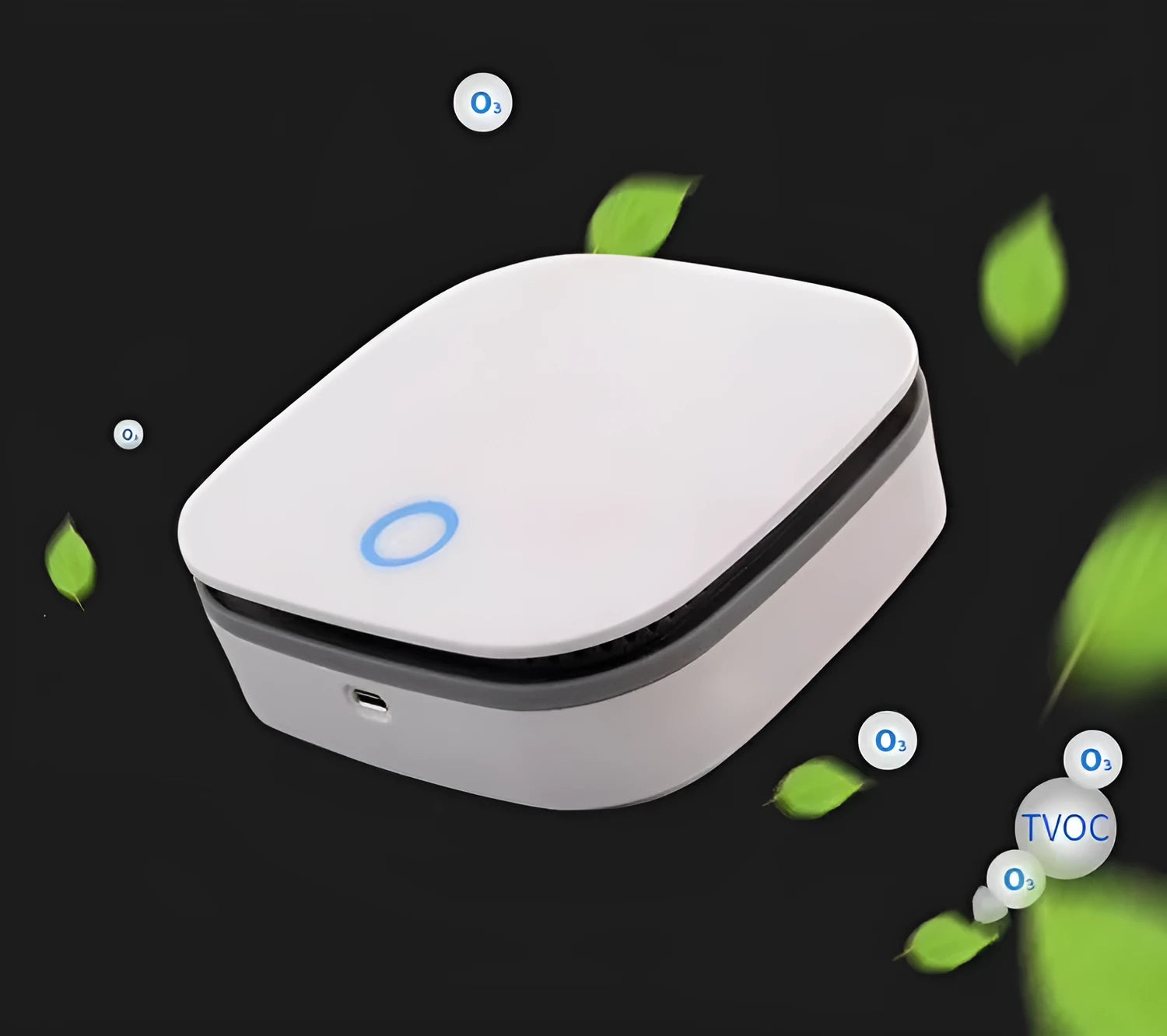 White portable USB air purifier with button control for car and small room use.
