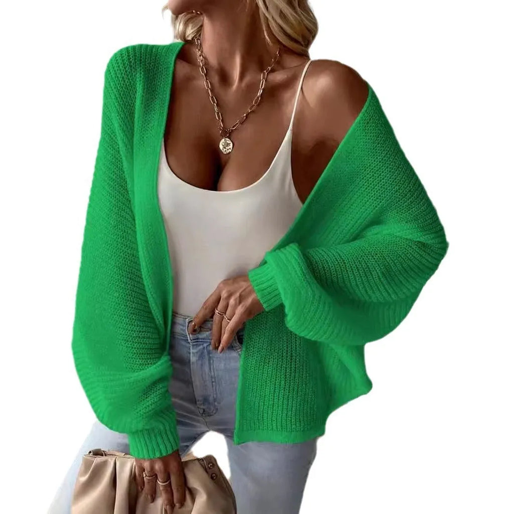 Women's batwing sleeve loose fit cardigan in solid colours: black, white, green, khaki, blue.