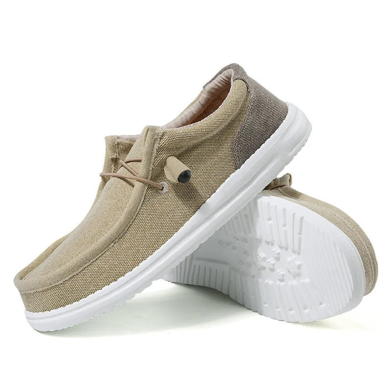 Men's green and orange canvas shoes with round toe and colour splicing detail