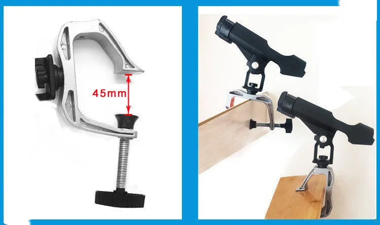 Black plastic fishing rod holder with aluminium G clamp mount, 360 degree adjustable, 250 x 250 x 100mm