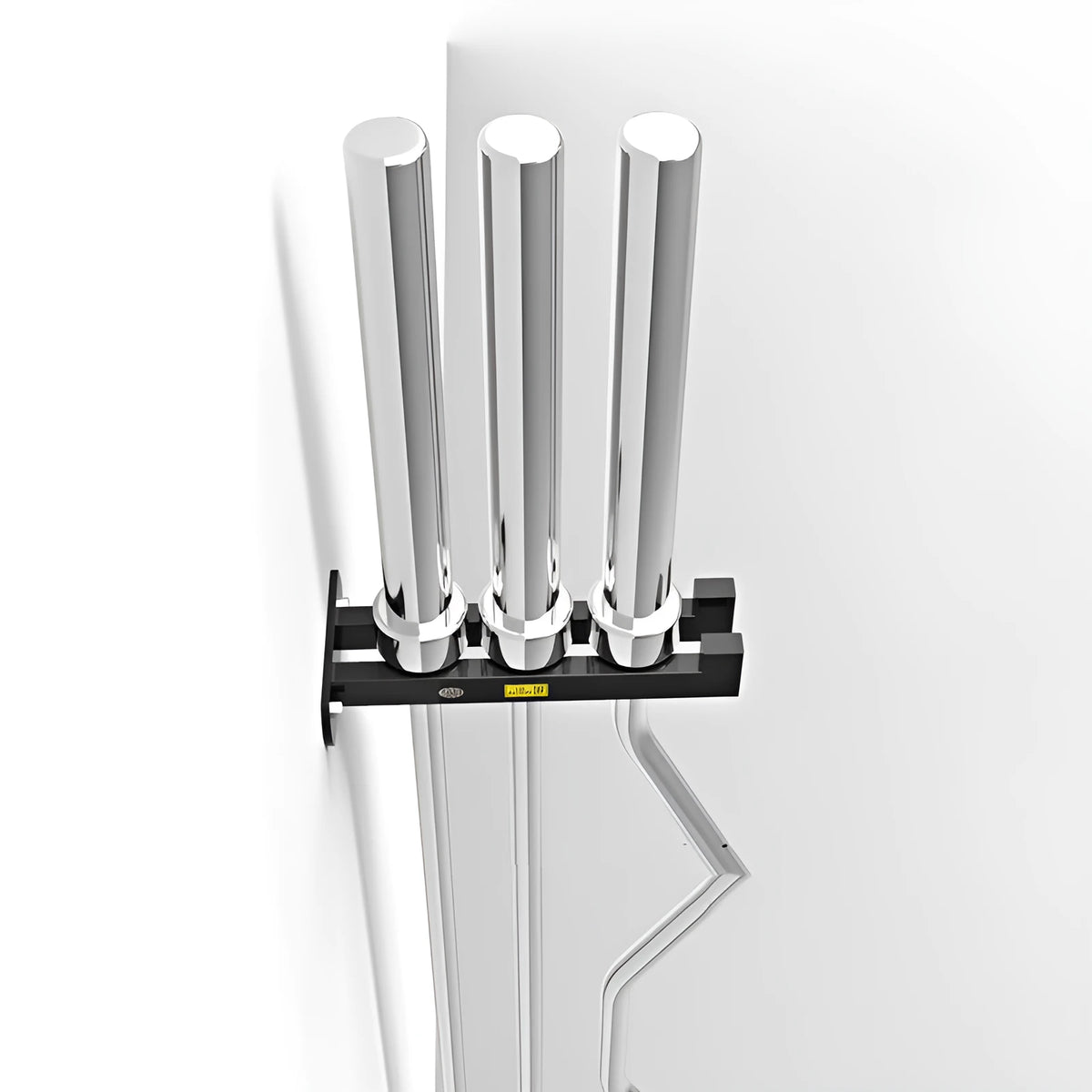 Wall-mounted black steel barbell rack holding multiple Olympic bars against a wall