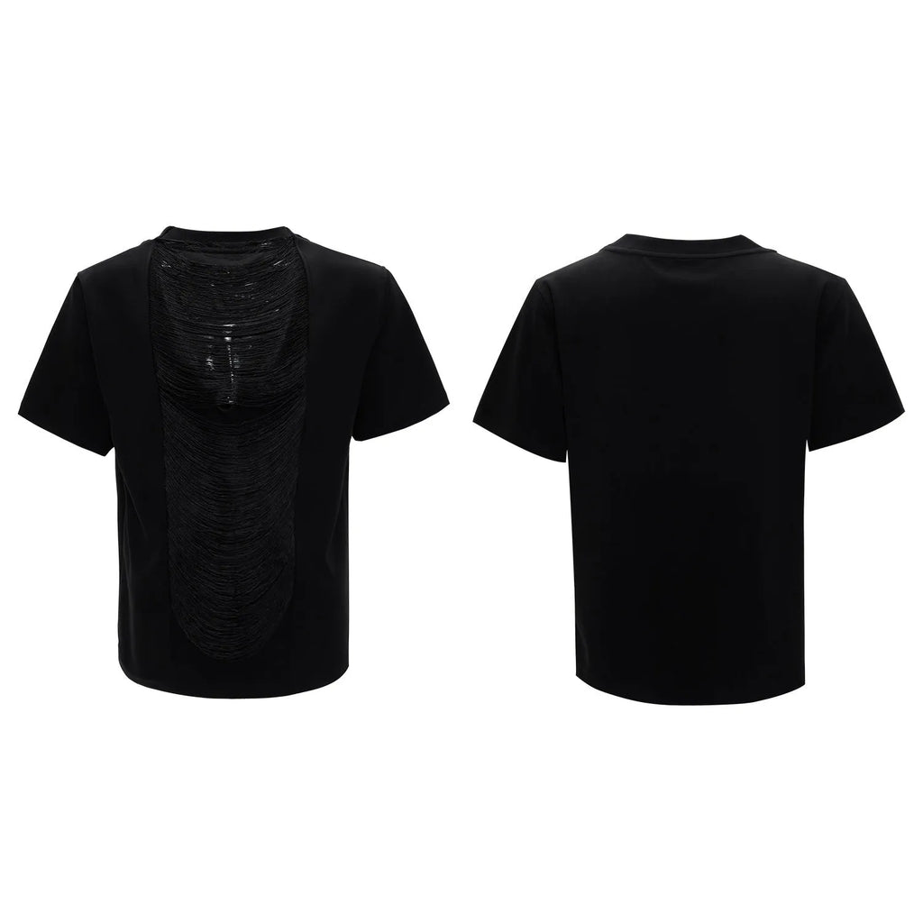 Men's black loose fit polyester t-shirt with V-neck and tassel details