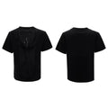 Men's black loose fit polyester t-shirt with V-neck and tassel details