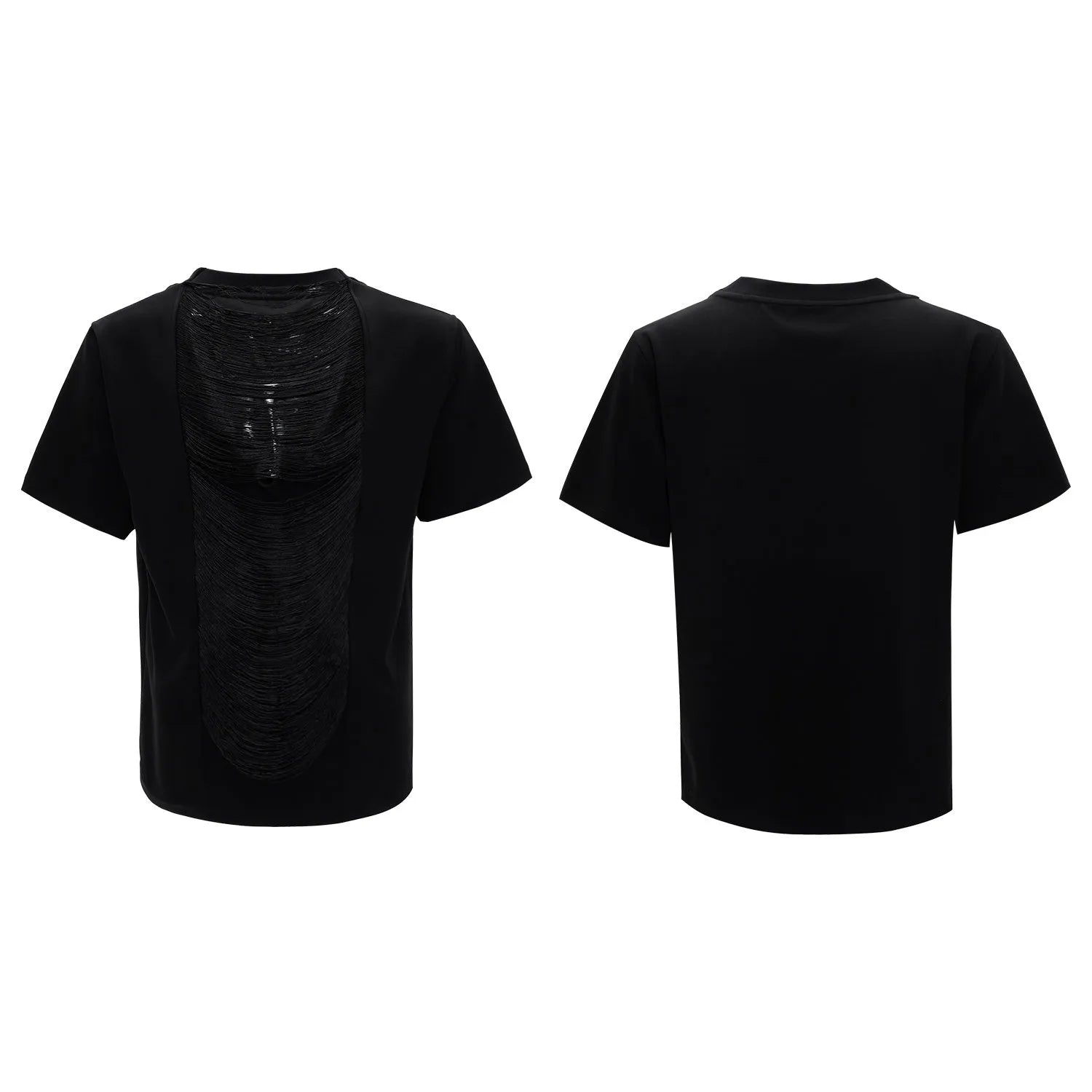 Men's black loose fit polyester t-shirt with V-neck and tassel details