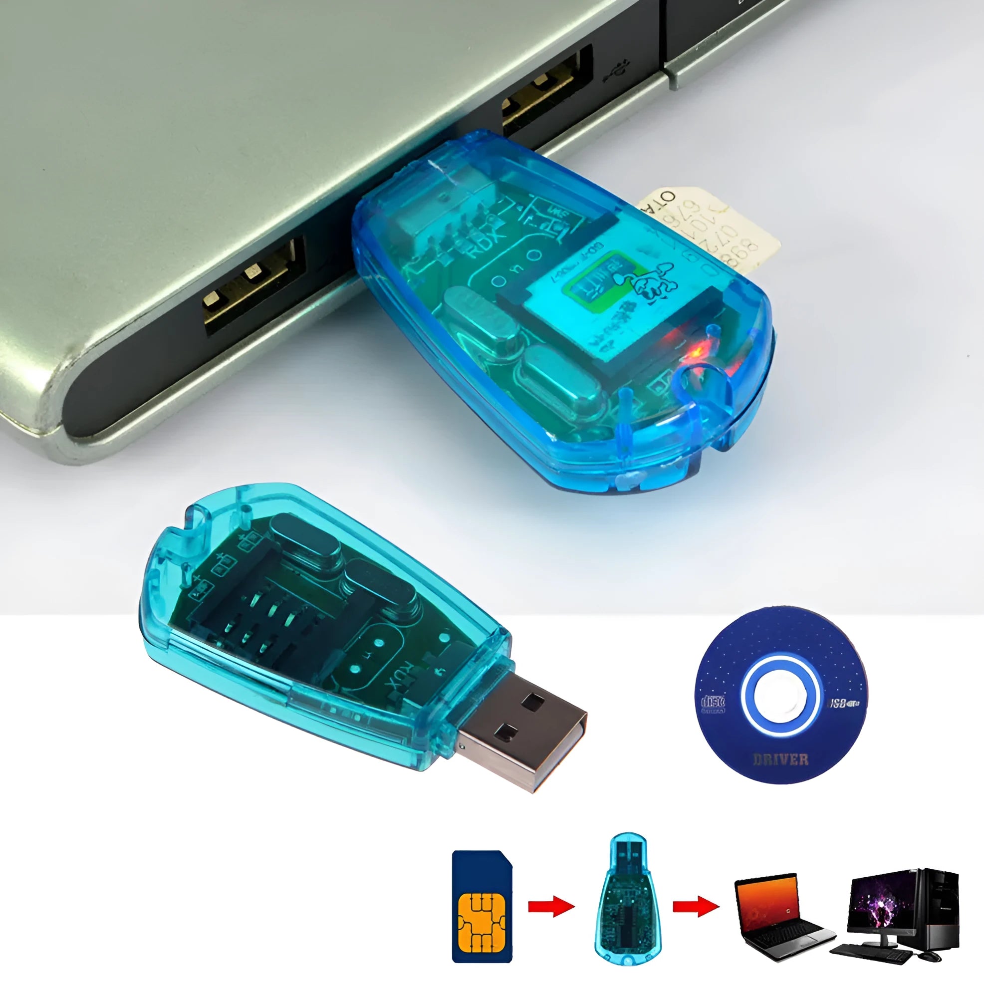 Blue USB 2.0 mobile phone SIM card reader for data transfer and backup
