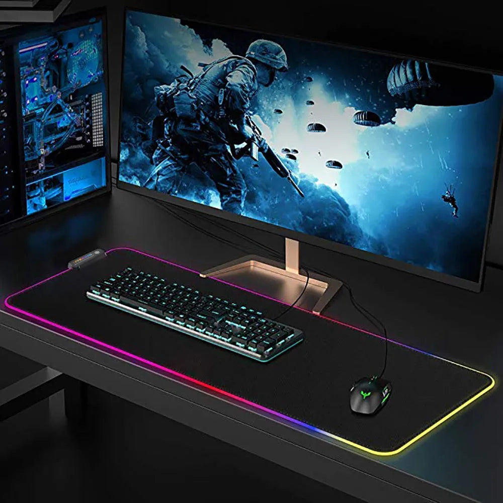 LED super large shiny mouse pad with 11 lighting modes, size 780x300x4mm, black surface with multi-colour backlight
