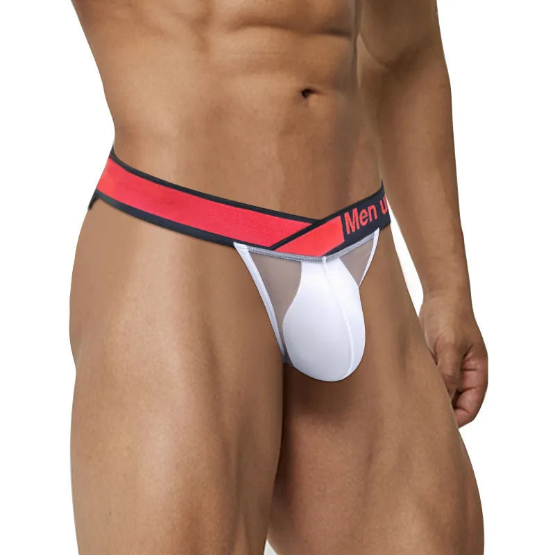 Men's transparent ice silk breathable underwear with large V gradient design in red, black and white colours
