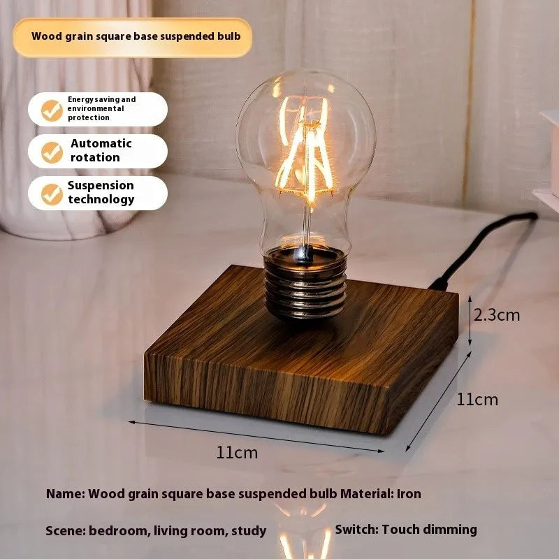 Creative iron art suspension bulb night lamp with black wood grain base for desktop decoration