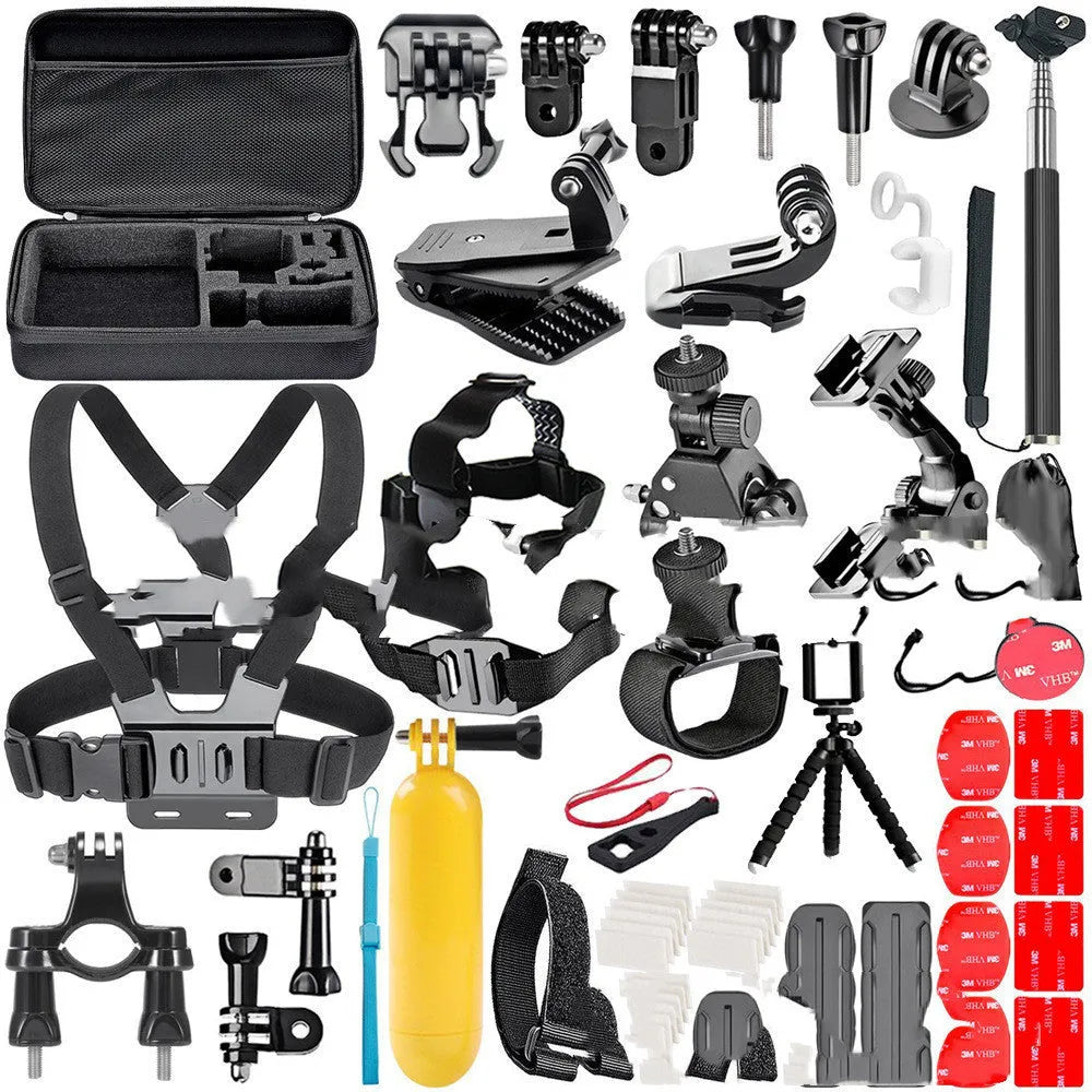 Black GoPro accessory set with chest strap, helmet mount, and tripod adapter for Hero 4 3 2 cameras