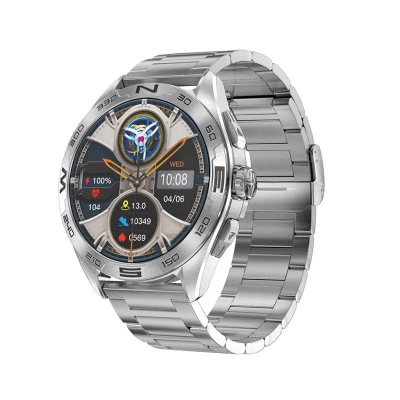 Black smart watch with touchscreen displaying health metrics, for men with WhatsApp reply and NFC.