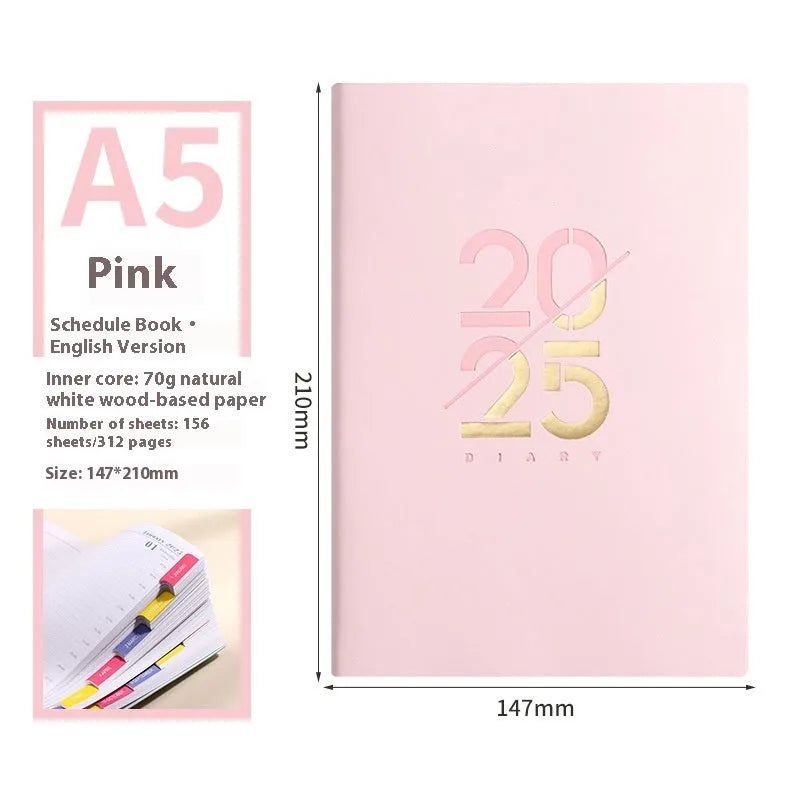 2025 A5 daily planner with soft faux leather cover in multiple colour options showing open pages