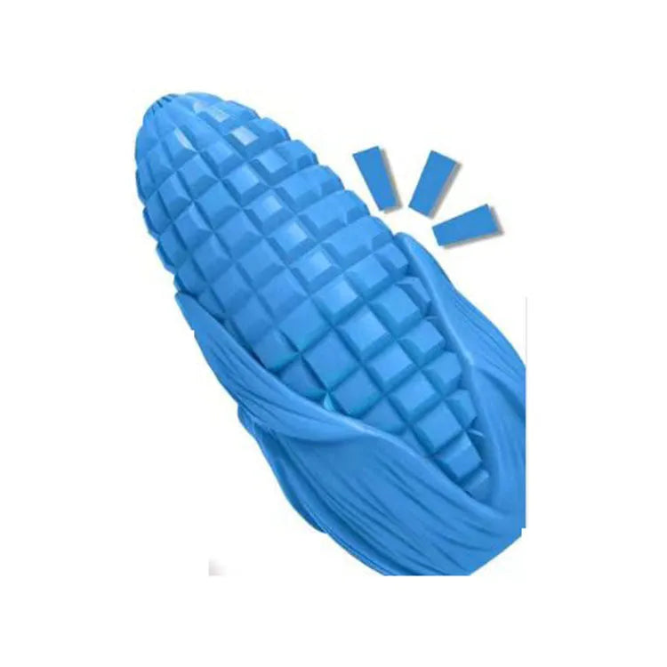 Corn-shaped durable dog chew toy in blue or yellow colour with surface grooves for dental care