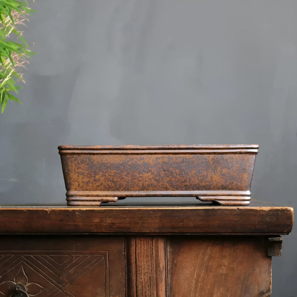 A rectangular purple sand bonsai pot shown in two sizes, for pine, cypress or boxwood trees.