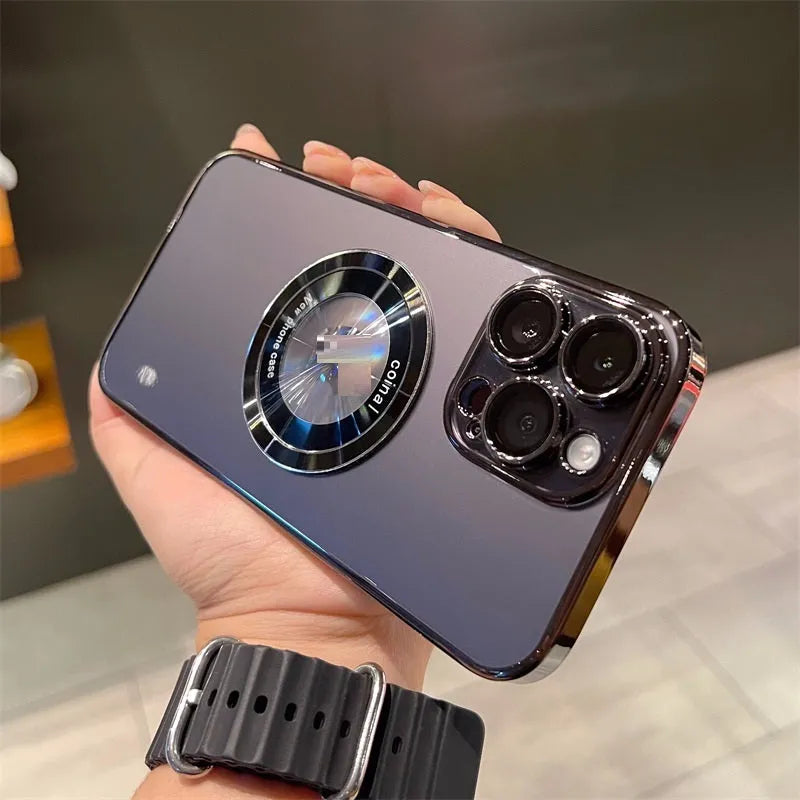 Magnetic suction PC phone case for iPhone 11–14 in blue with magnetic closure and magnifier leakage label