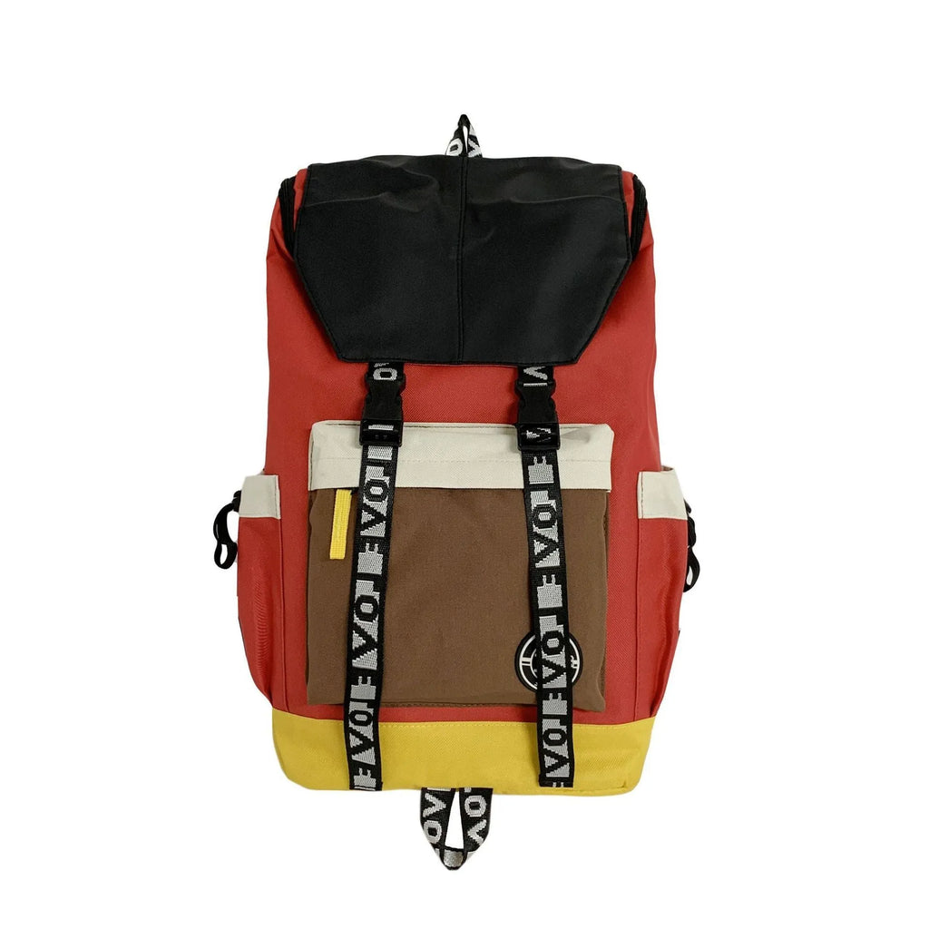 Oxford cloth fashion backpack in black, green, or red, shown with adjustable straps for multiple carrying styles.