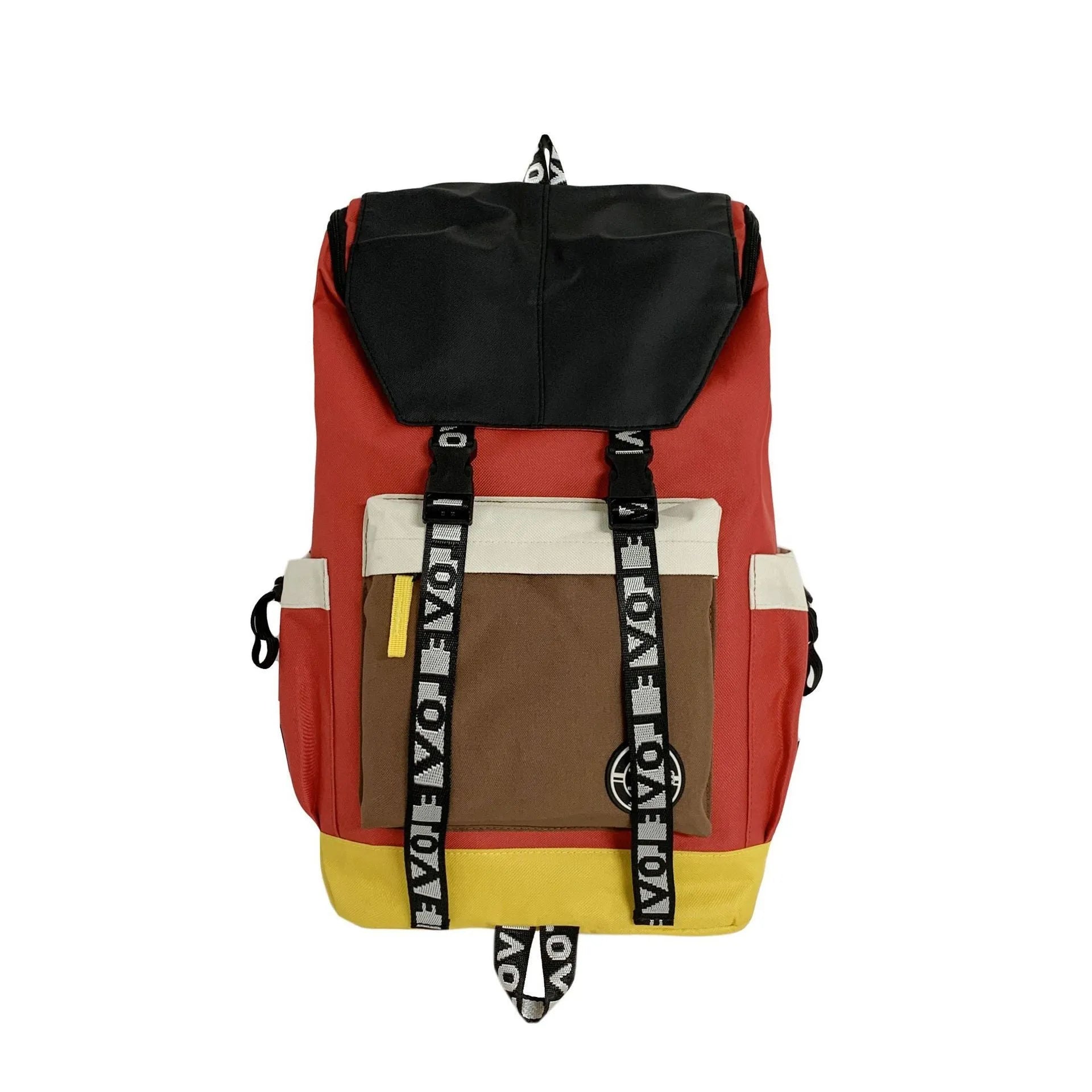 Oxford cloth fashion backpack in black, green, or red, shown with adjustable straps for multiple carrying styles.
