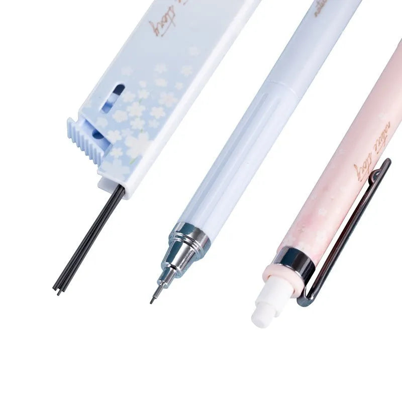 Mixed colour cartoon design automatic pencil set with three pens and boxes of HB refills.
