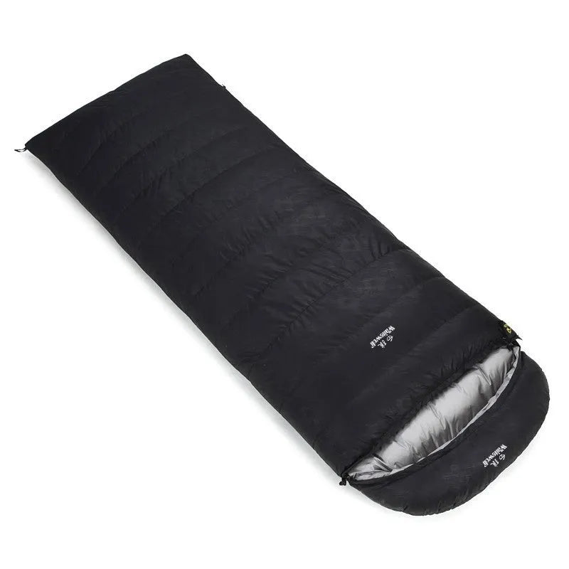 Black outdoor sleeping bag with envelope design, filled with white goose down for camping.