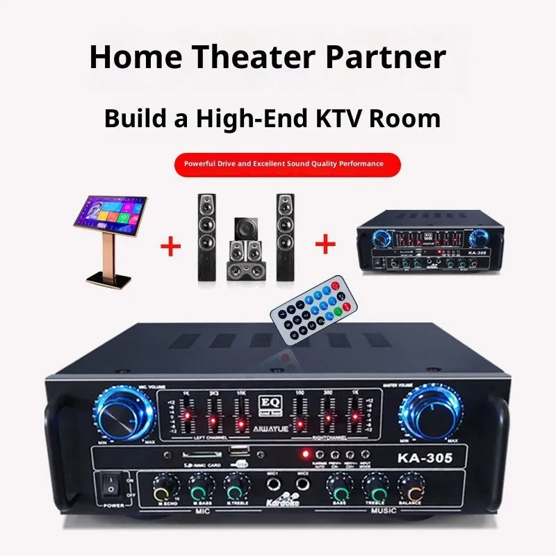 KA-305 black household power amplifier with Bluetooth and EQ equaliser, front panel controls and ventilation grille