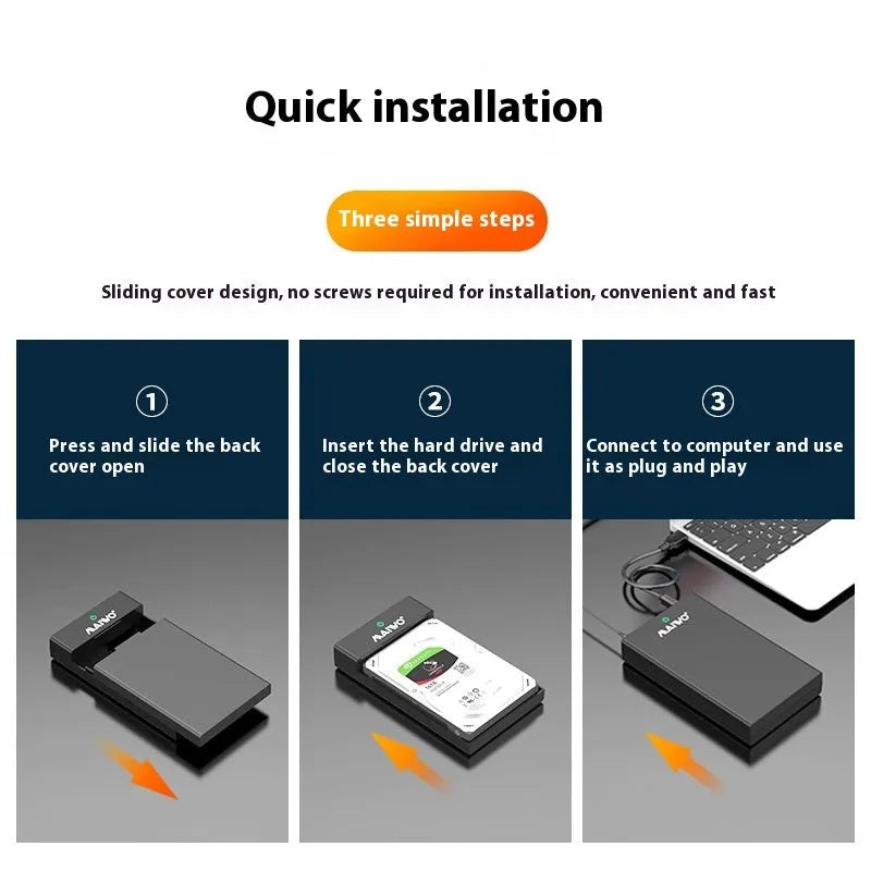 3.5 inch USB SATA hard disk enclosure with slide cover in black and silver colour