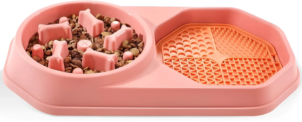 Blue green pink or yellow slow feeder puzzle dog bowl with maze pattern and non-slip base