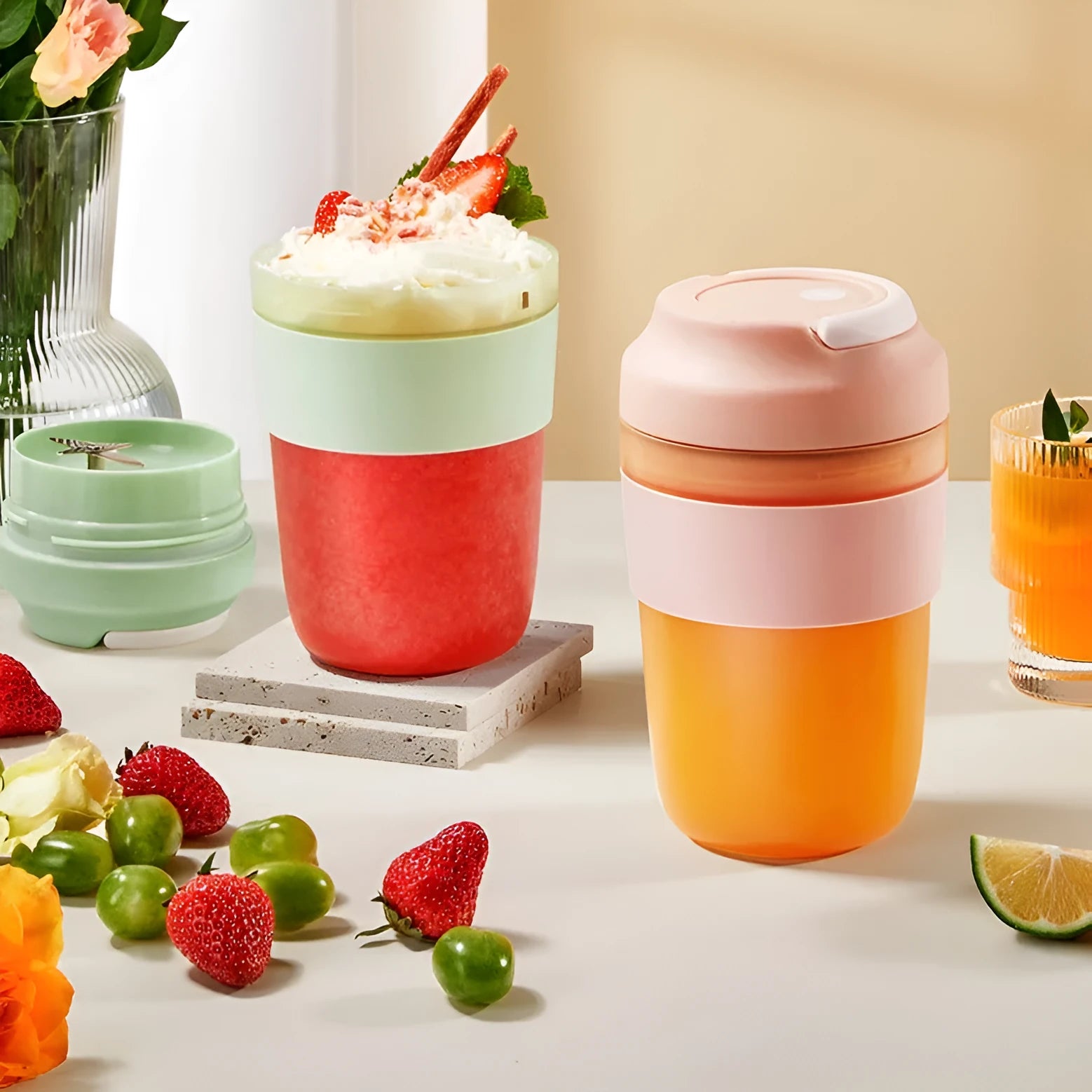 Portable rechargeable blender juicer cup 400ml capacity with four stainless steel blades in purple, green, and orange colour options