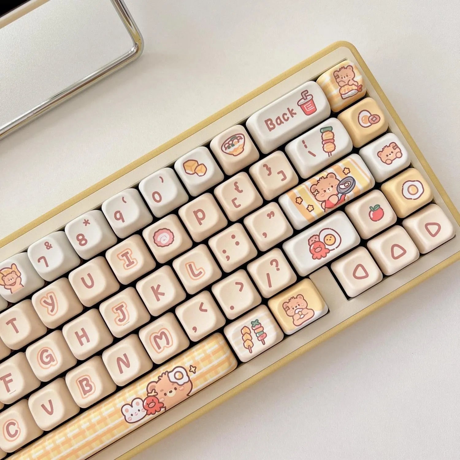 Set of 140 Rabbit Bear Restaurant themed PBT keycaps with EOA height profile laid out.