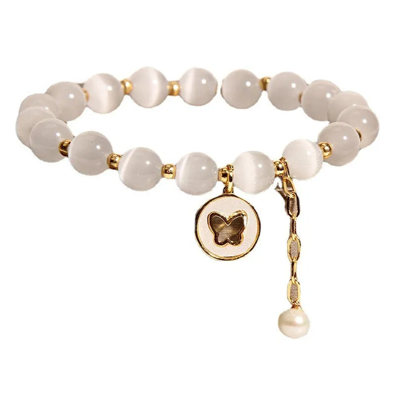 White crystal bracelet with geometric design and cat's eye stones in Korean style