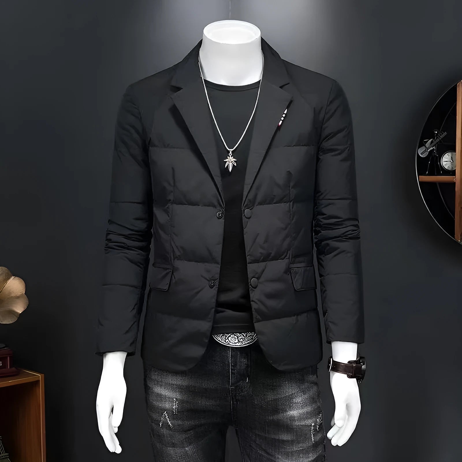 Men's fleece-lined casual vinylin jacket in black with dimensional patch pockets, regular fit, plus size
