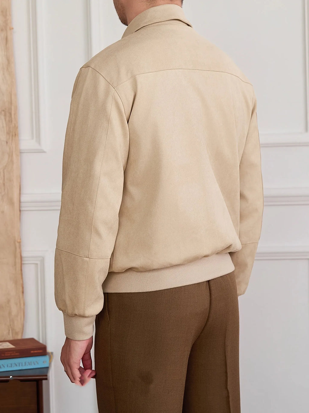 Men's suede bomber jacket with turn-down collar and zipper in apricot colour