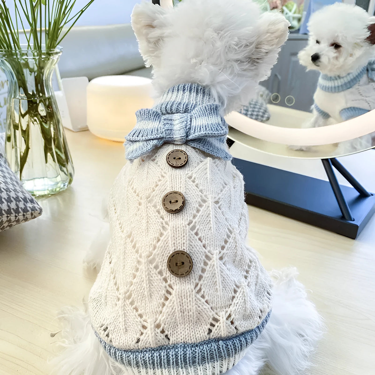 Bowknot hollow knit dog sweater in coffee white, winter pet apparel with lattice pattern