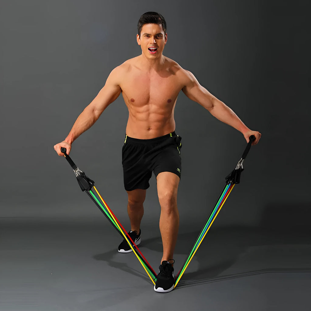 11 piece TPE latex tensioner set for home fitness with colour-coded resistance bands