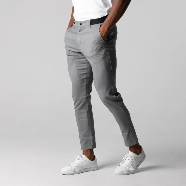 Men's grey straight-leg cotton blend business trousers with elastic waist and zip fly
