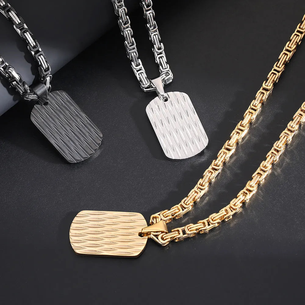 Men's titanium steel water ripple geometric pendant necklace on adjustable Emperor Chain