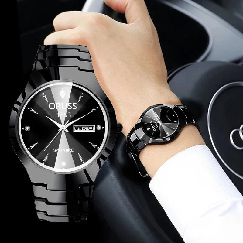 Couple's quartz watch with 8mm case, alloy strap, and 30M waterproof rating in radar black and rose gold