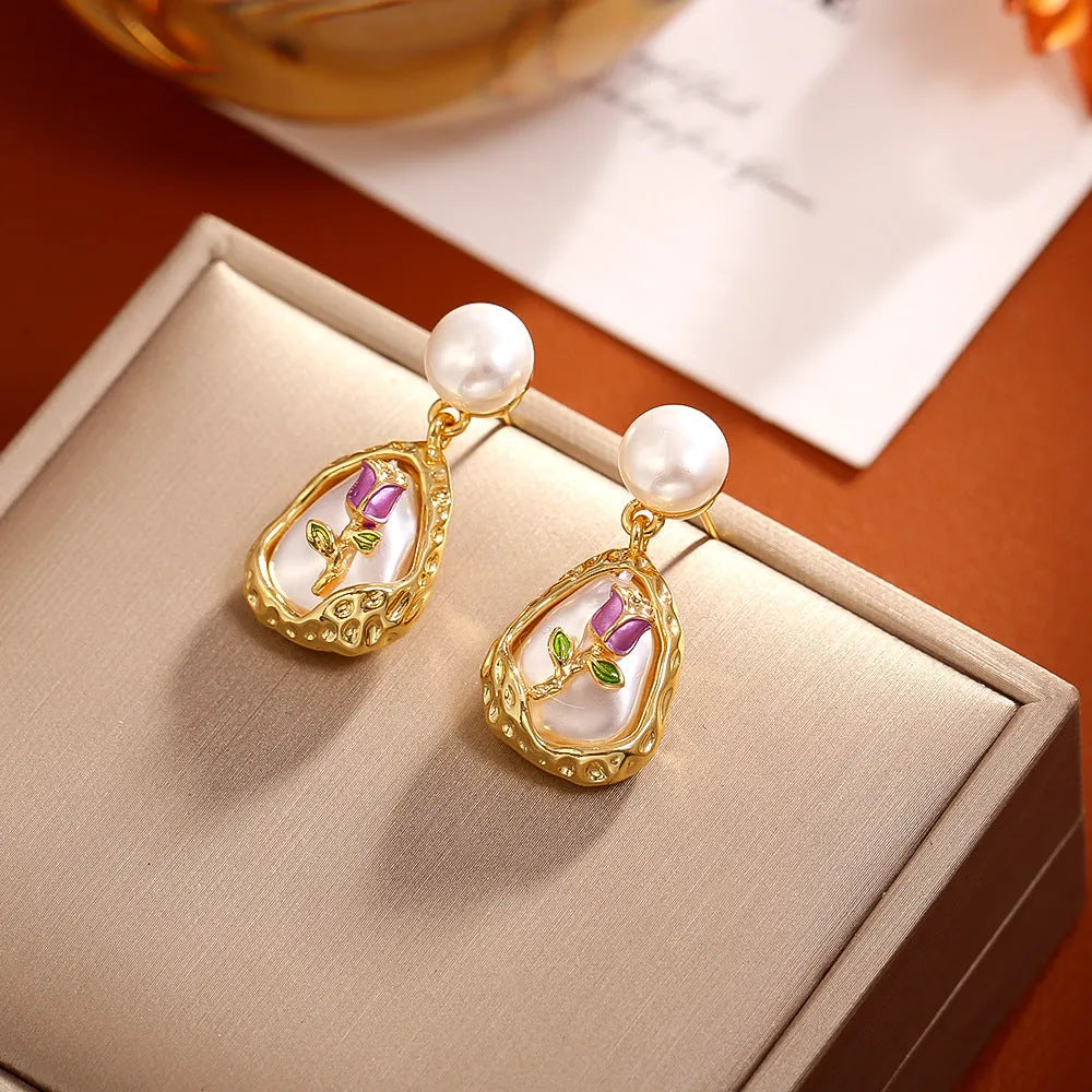 Rose baroque pearl stud earrings for women, copper base with pearl inlay, geometry shape, one pair
