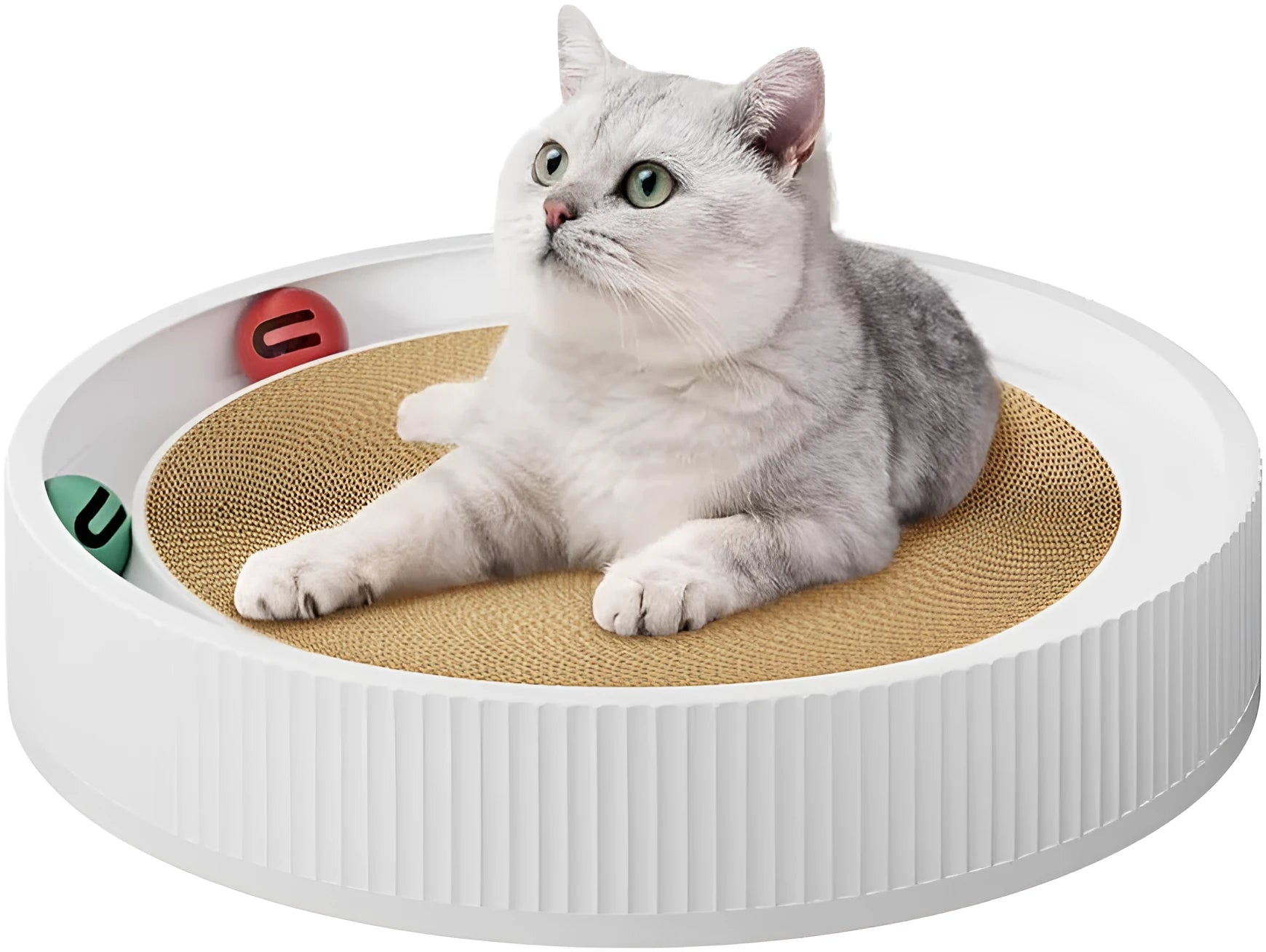 Green and white large round cat scratching board with integrated moving ball toys and a spring plush ball.
