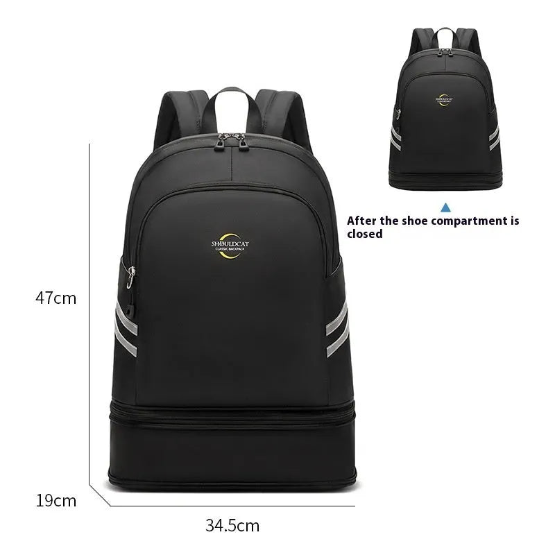 Large unisex solid colour backpack with dry wet separation compartments, shown in beige