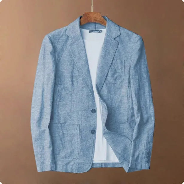 Men's thin solid-colour linen suit coat with notch lapel and chest pocket on a hanger.