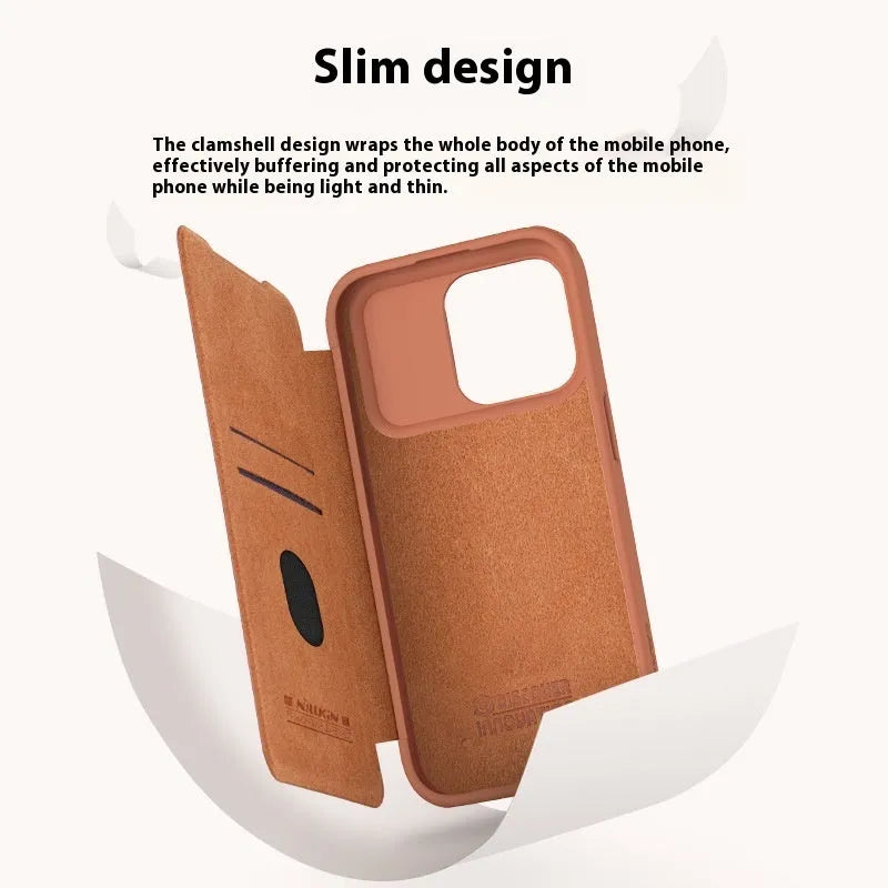 Imitation leather flip phone case for iPhone 15 series in black, brown, and red colours